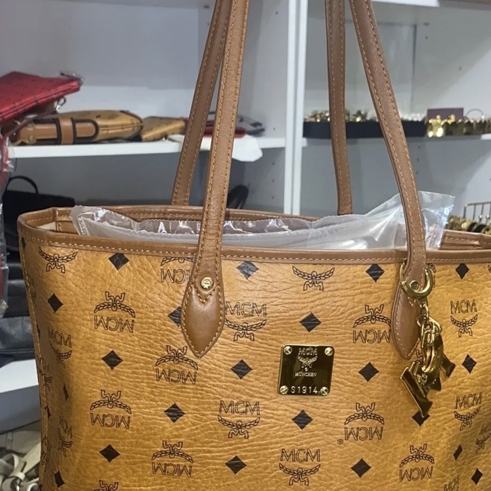 MCM Tan Visetos Tote with Gold Accents